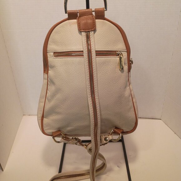 Y2K VALENTINA Convertible Sling Bag Day Pack Ivory Pebbled Leather Brown Trim - Picture 7 of 15